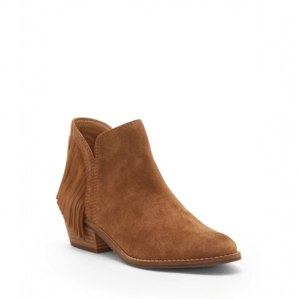 Lucky Brand Freda Suede Fringe Ankle Bootie in Camel Tan 9